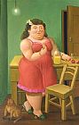 Fernando Botero Woman Drinking With Cat painting